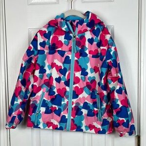 Top&Sky Kids multi colored hearts hooded long sleeved jacket girls medium. Zips